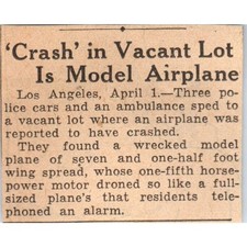 Listing image for Crash in Vacant Lot is Model Airplane 1935 Minneapolis Journal Article AE7-N6